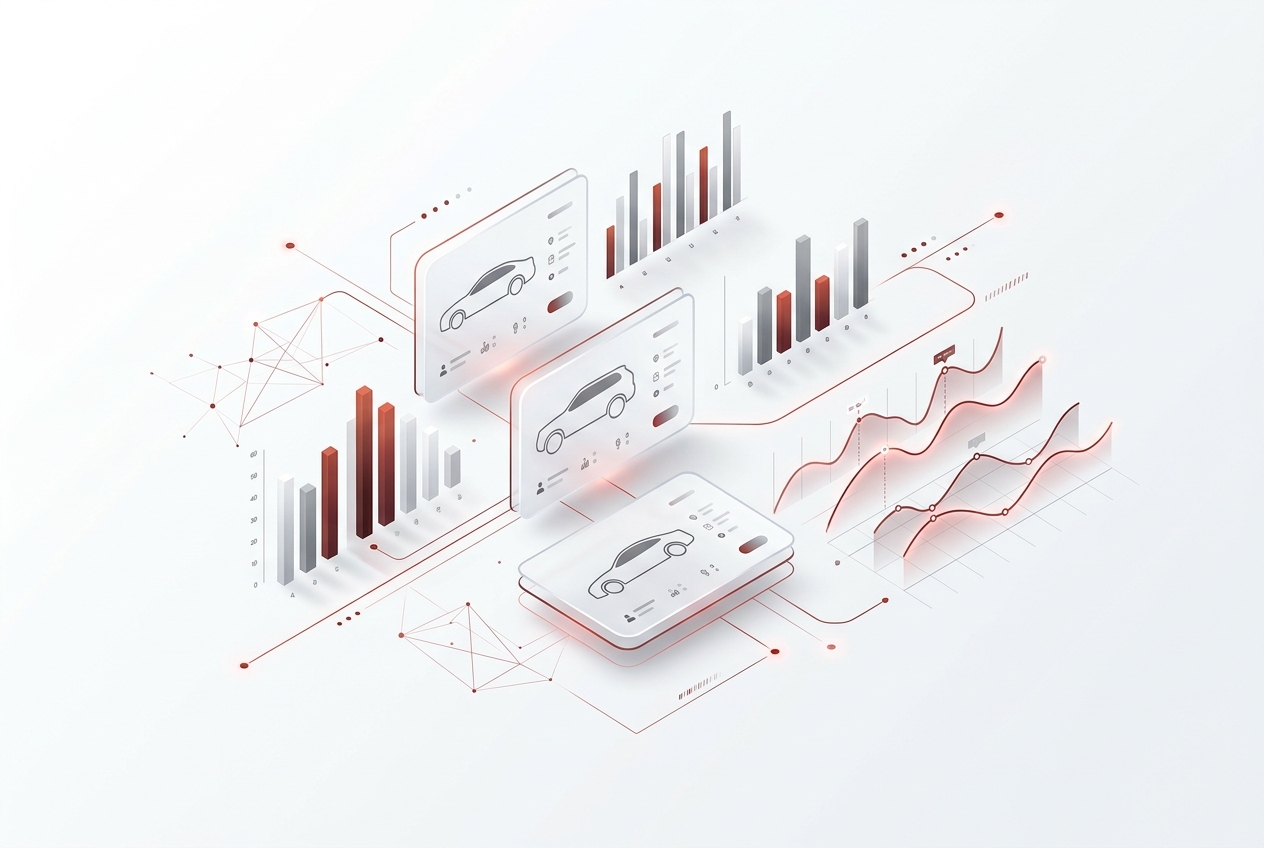 Illustration of vehicle data cards and market charts